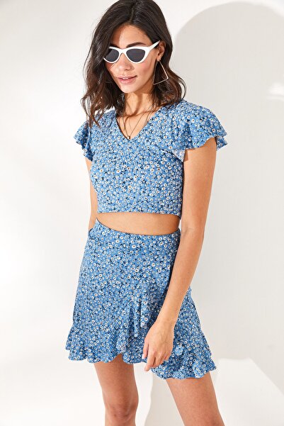 Olalook Women's Indigo Floral Skirt Wrap Bottom Top Set TKM-19000140