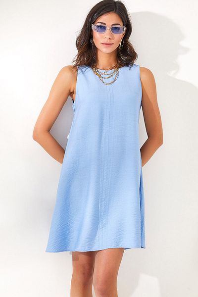 Olalook Dámské baby blue lněné šaty bez rukávů A-Line ELB-19001869