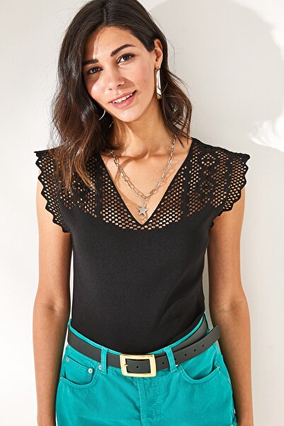 Olalook Жіноча чорна на спині V-подібна ажурна блузка зі светром BLZ19002312