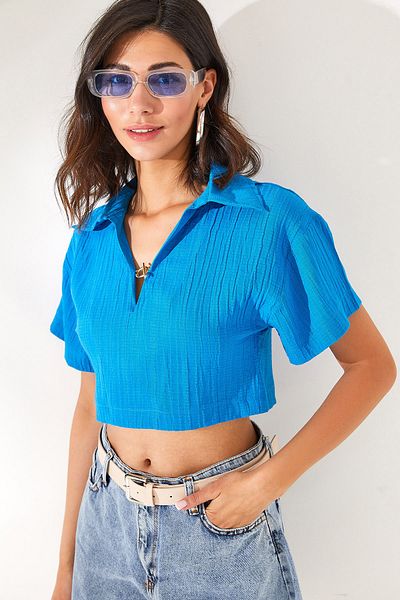 Olalook Dámská modrá polo límeček Crop halenka s příslušenstvím BLZ-19002311
