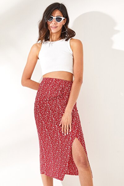 Olalook Kadın Çiçek Kırmızı Önü Büzgülü Yırtmaçlı Örme Etek ETK-19000202