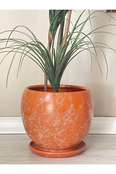 odka 10litre Küre Saksı Tabaklı 23cmx23cmx21cm Kiremit Renk Mermer Desenli