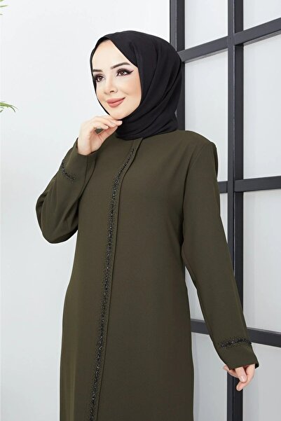 KMKkombin Women's Plus Size Front and Ankle Stone Embroidered Honeycomb Fabric Top Coat Summer 1323