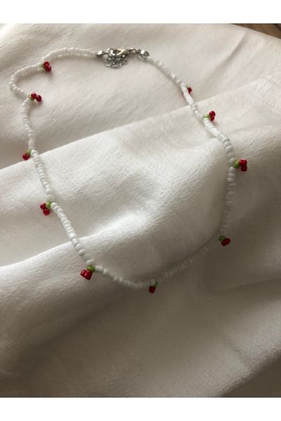 Stoneday White Color Silver Detailed Sand Bead Summer Cherry Necklace