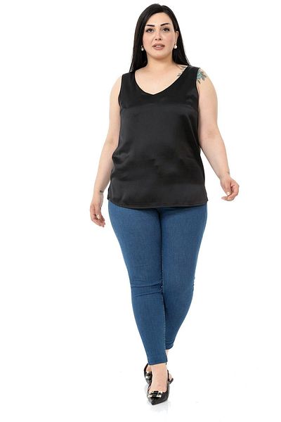 DISENTIS MODEST Plus Size V-Neck Side Slit Sleeveless Satin Black Blouse