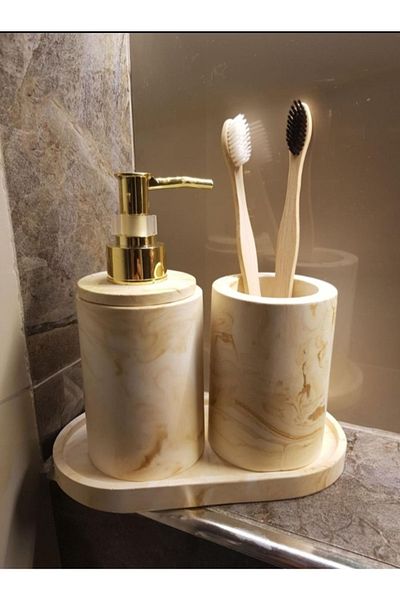 Trust Stone Σετ μπετόν 3 τεμαχίων Marble Beige Series με δοσομετρητή σαπουνιού και θήκη οδοντόβουρτσας