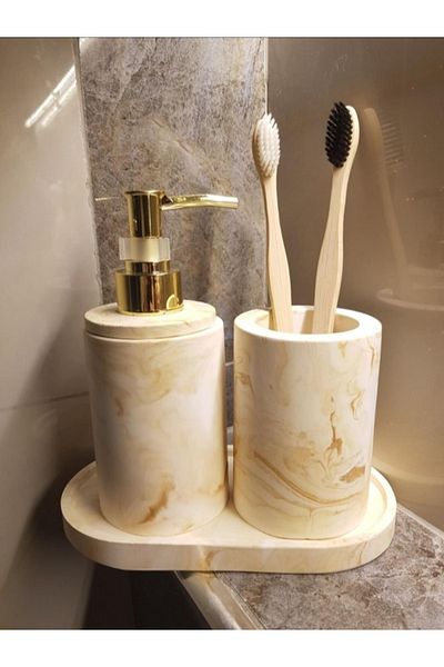 Trust Stone Σετ μπετόν 3 τεμαχίων Marble Beige Series με δοσομετρητή σαπουνιού και θήκη οδοντόβουρτσας