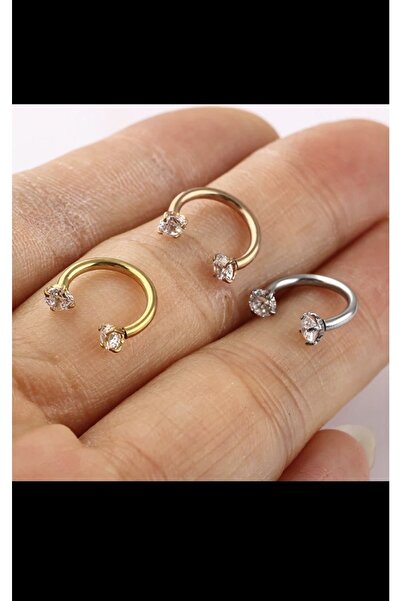 Arescollection Cerrahi Çelik 3 Adet Iki Ucu Taşlı Tragus Rook Conch Burun Lobe Uyumlu Yarım Halka Piercing