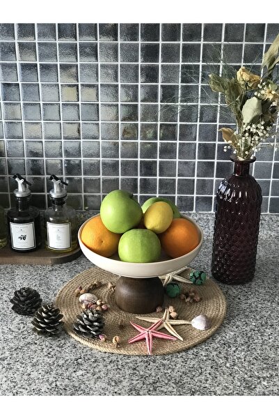 BLUEJASMİN Ahşap Ayaklı Bej Derin Geniş Ayak Sunum Tabağı, Meyve Sunumu,ahşap...