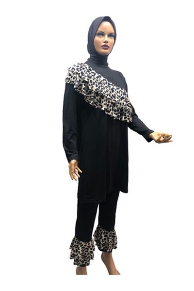 eflin Women's Clothing Black-cream Leopard Print Valon Full Covered Hijab Swimsuit Plus Size Option