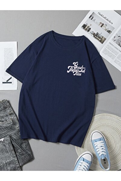 GRİLAND Navy Blue Unisex Good Things Printed Oversize T-shirt