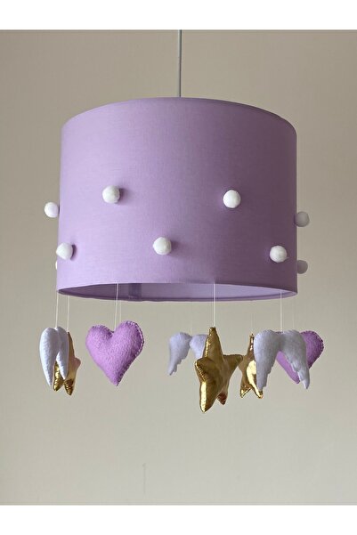 Leobabyroom Lila Üzeri Beyaz Ponpon Detaylı Yıldız Kalp Melek Kanat Figürlü Bebek/çocuk Odası Avize