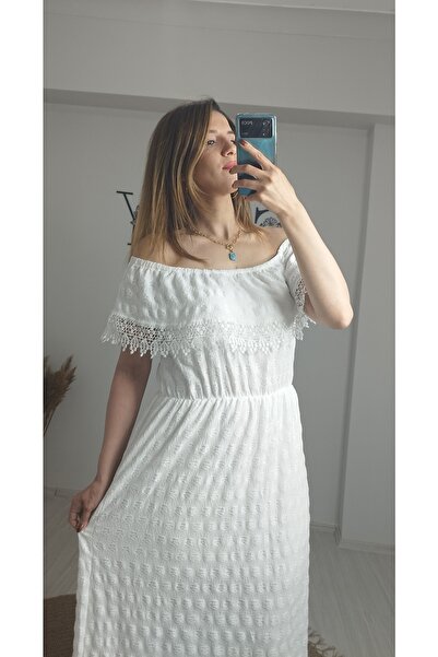 Miss Sky Fashion Madonna Yaka Güpürlü Beyaz Elbise