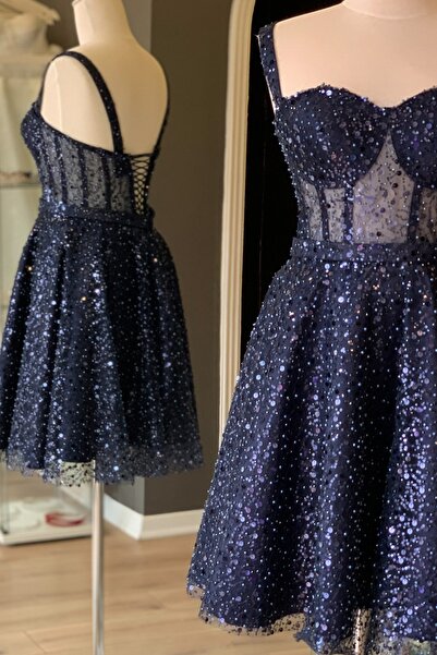 Lenta Moda Lacivert Taşlı Mini Abiye Ve Gece Elbisesi