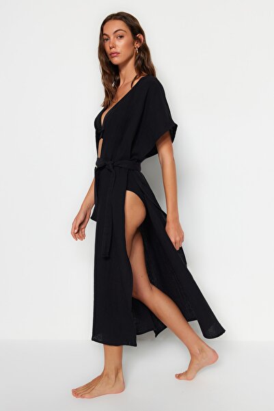Trendyol Collection Black Muslin Beach Kimono and Kaftan with Maxi Size Belt and Slit - Tbess23Km00019