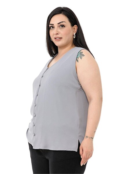DISENTIS MODEST Plus Size Covering Buttoned Side Slit Sleeveless Gray Shirt