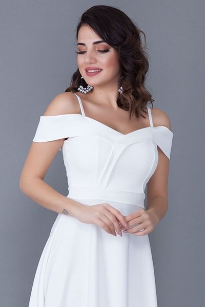 vuvutasarım Women's Flexible Fabric Flared Cut Low Shoulder Double Breasted Collar Long White Plus Size Dress 342 Maxi