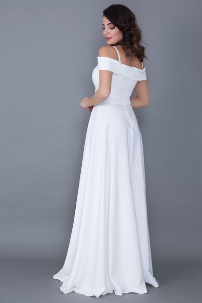 vuvutasarım Women's Flexible Fabric Flared Cut Low Shoulder Double Breasted Collar Long White Plus Size Dress 342 Maxi