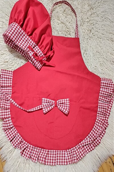 RAY TİCARET Kırmızı 2 Parça Önlük Set Çocuk Şef Önlük Mutfak Önlük Aşçı Önlük