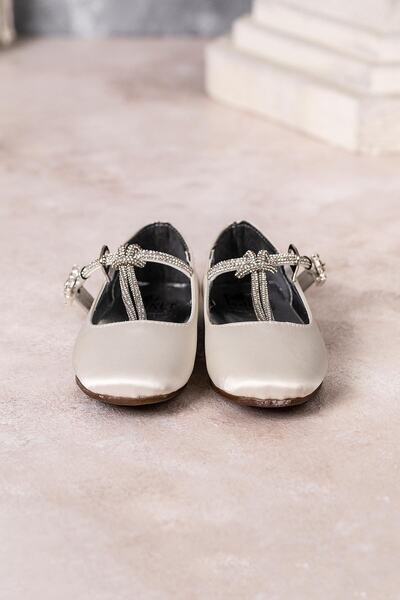 HARLİ Girl's Stone Detailed Mother of Pearl Satin Ballerina Shoes