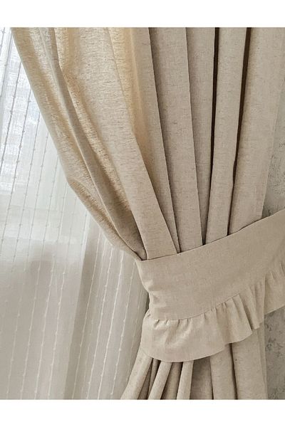 Perdeplus Linen Natural Bohemian Style Beige Color Background Curtain Single Wing Pleatless Tie Included