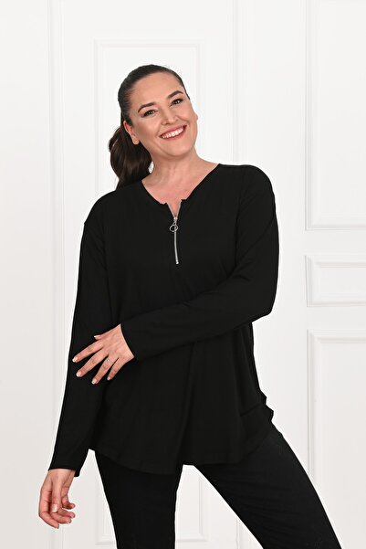 Koza Butik Γυναικεία μπλούζα μεγάλου μεγέθους - Λεπτομέρεια με μισό φερμουάρ 1387-23