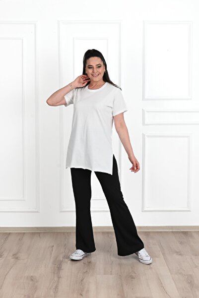 Koza Butik Women's Crew Neck Slit Detailed Large Size T-Shirt 9633-22