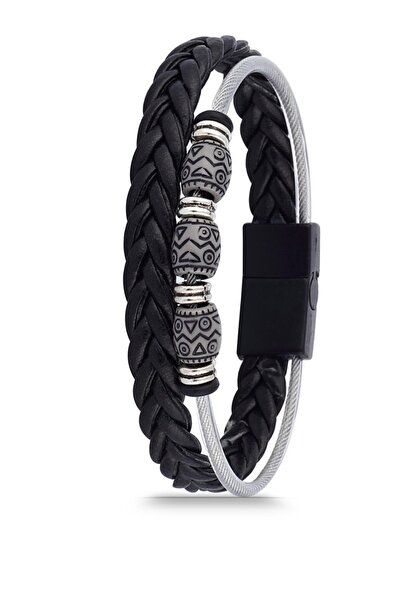 REGGENTE سوار فولاذي من الجلد الأسود المضفر