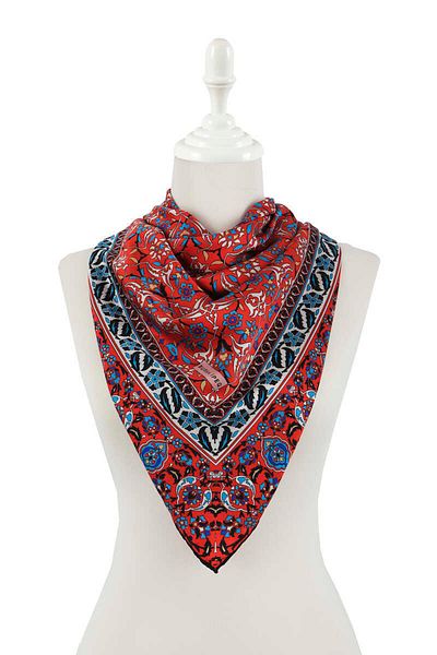 Bursa İpek Red Turkish Motif Tile Pattern Silky Scarf