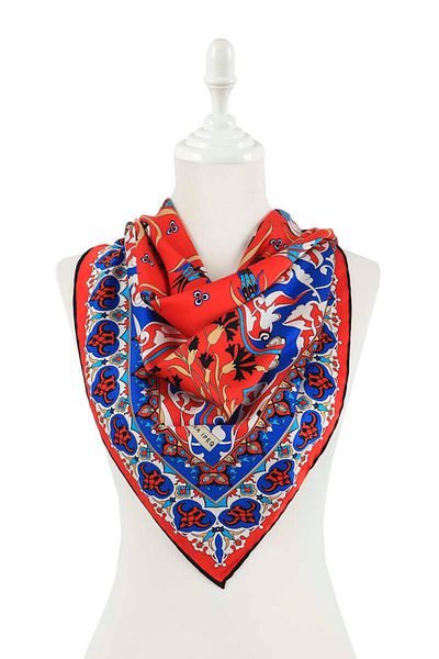 Bursa İpek Red Turkish Motif Chinese Carnation Pattern Silky Scarf
