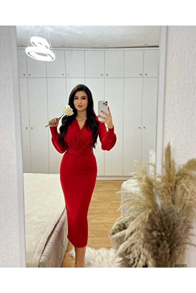 twomeey Kadın Balon Kol Kruvaze Yaka Detaylı Kemerli Scuba Kumaş Elbise