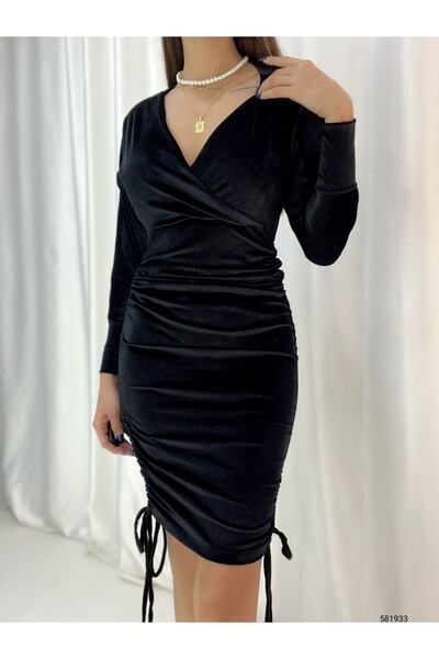 twomeey Γυναικείο μαύρο φόρεμα από βελούδινο ύφασμα με διπλό γιακά και κορδόνια