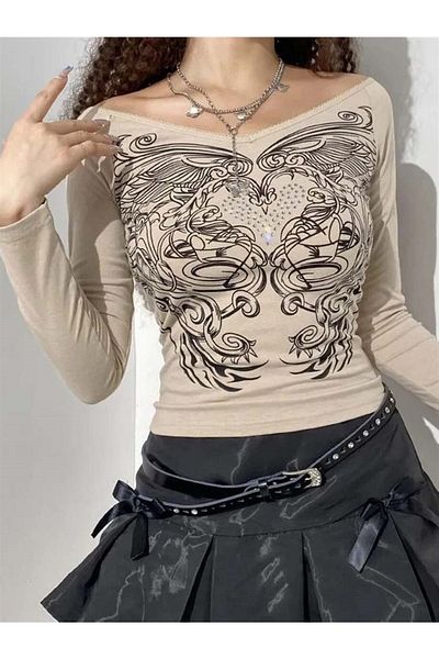 Planet Butik Vintage Flowers Pattern Beige Long Sleeve Crop