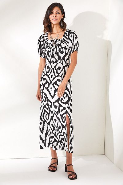 Olalook Women's Black and White Robe Tie-up Slit Midi Dress ELB-19001903