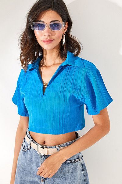 Olalook Dámská modrá polo límeček Crop halenka s příslušenstvím BLZ-19002311