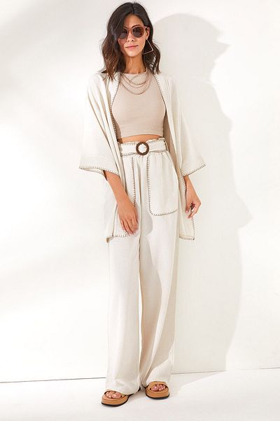 Olalook Women's Stone Top Kimono Lower Pocket Trousers Linen Set TKM-19000209