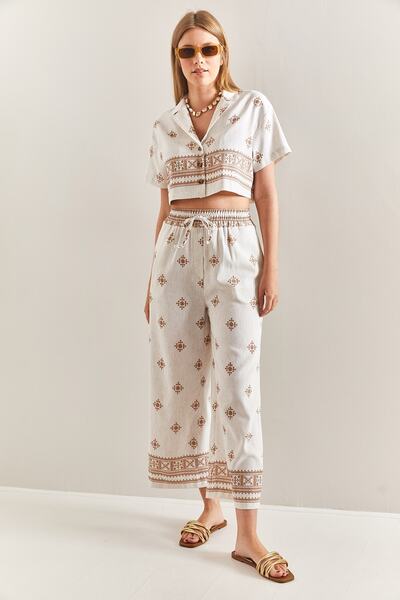 Bianco Lucci Γυναικείο Σετ παντελόνι με κοντομάνικο Ethnic λινό Crop