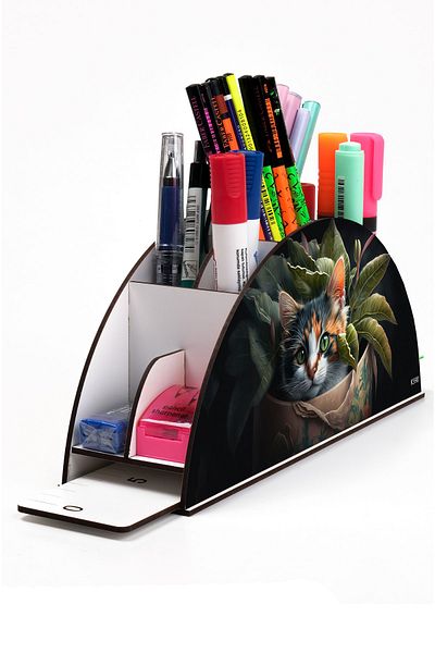 kutuTR Wooden Vip Dog And Cat Model Rainbow Ruled Desktop Pen Holder Organizer Assembled Boxed