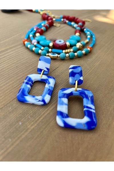 Kutcha Accessories Blue Polymer Clay Large Square Earrings