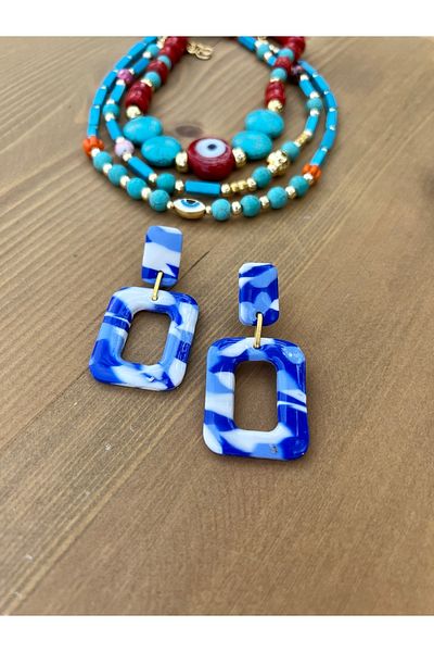 Kutcha Accessories Blue Polymer Clay Large Square Earrings