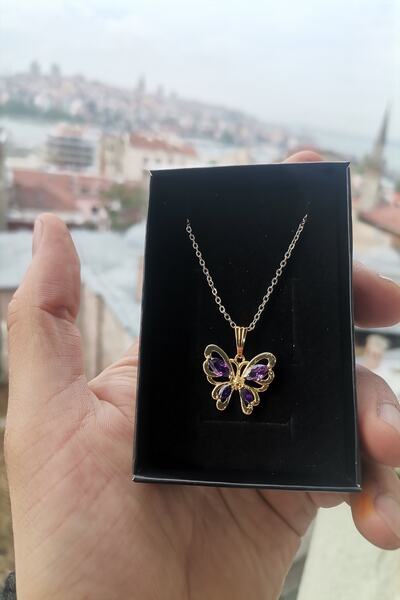 Ervanur Altın Kaplama Mor Zirkon Taşlı Kelebek Kolye