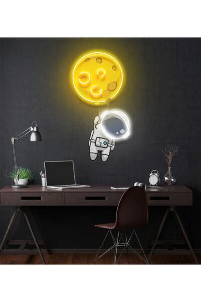 tabellam Astronaut Neon Tabela - Astronot Uzay Gezegen Neon Dekoratif - Duvar...