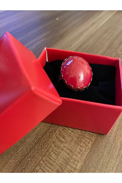 Vipfoni Mercan Taşlı Gümüş Renk Büyük Doğal Taş Yüzük El Yapımı