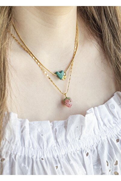 CHARMLUCKY Murano Yeşil Kalp-pembe Çilek Kolye