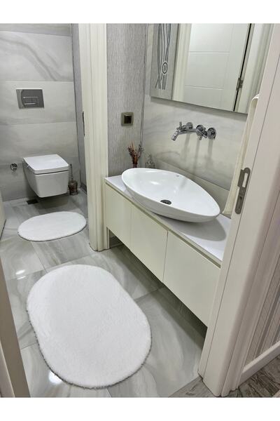 Shal&Shal Laser Cut 2-Piece Bath Mat White Plush Carpet Oval Model