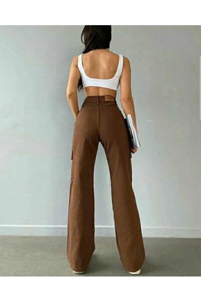 Trn JNS Calida Dámská Lycra Brown Cargo Pocket Back bezkapsový Extra vysoký pas Palazzo Jean Pantalon