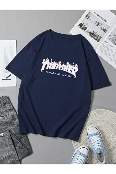 GRİLAND Navy Blue Unisex Trasher Printed Oversize T-shirt