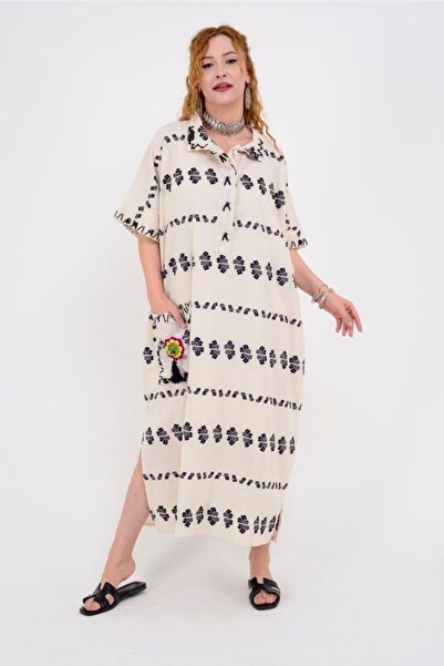 ZTO Women's Raw Cotton Pocket Hand Embroidery Detail Dress
