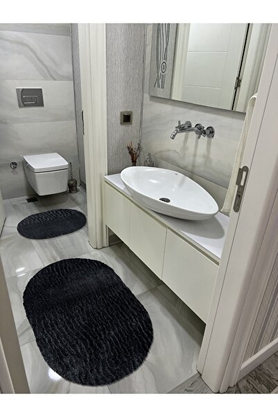 Shal&Shal Laser Cut 2-Piece Bath Mat Anthracite Plush Carpet Oval Model