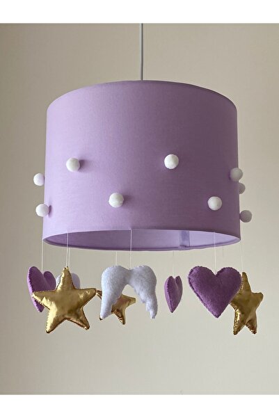 Leobabyroom Lila Üzeri Beyaz Ponpon Detaylı Yıldız Kalp Melek Kanat Figürlü Bebek/çocuk Odası Avize